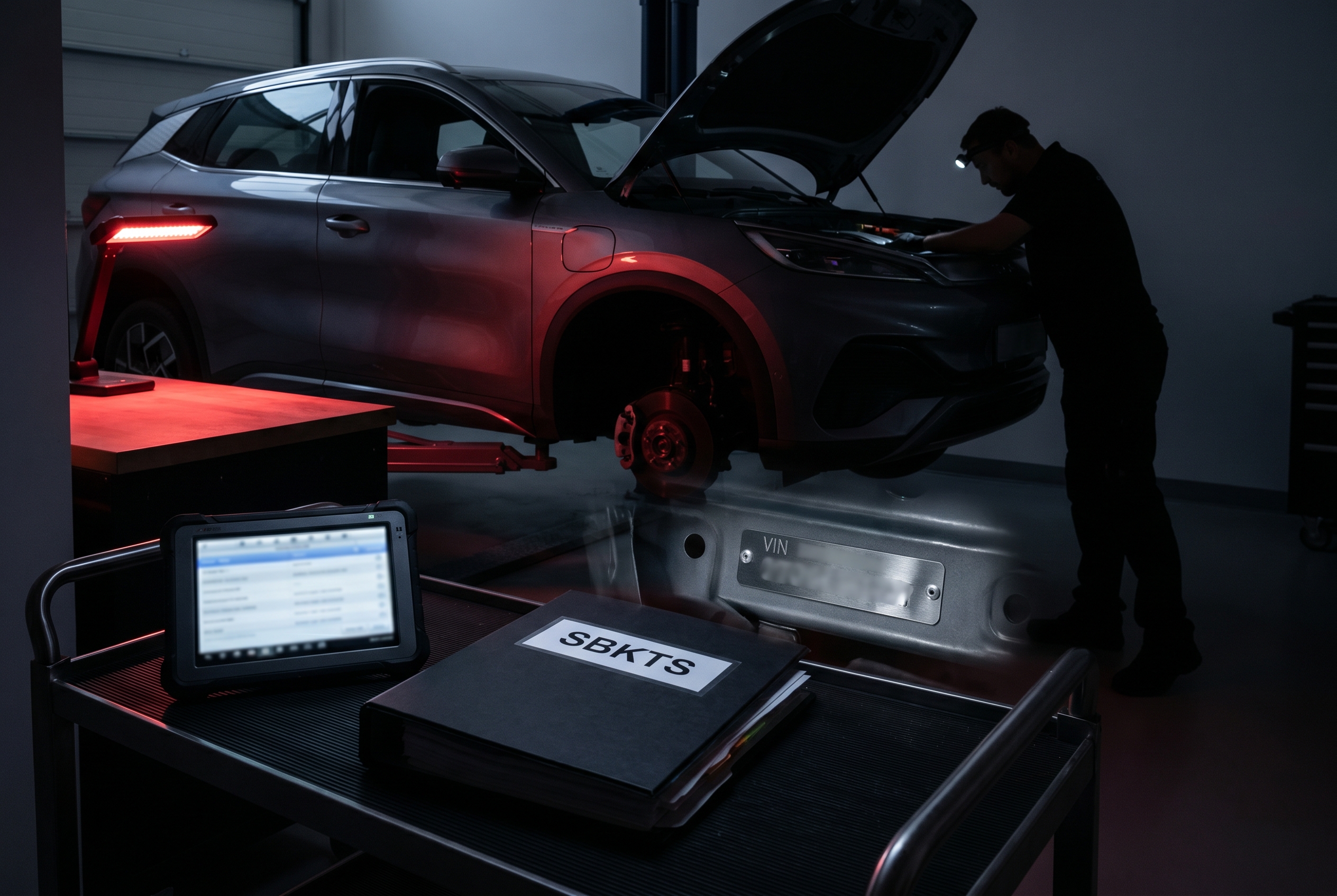 Сертификация китайского EV: документы СБКТС, диагностика, красный акцент света.